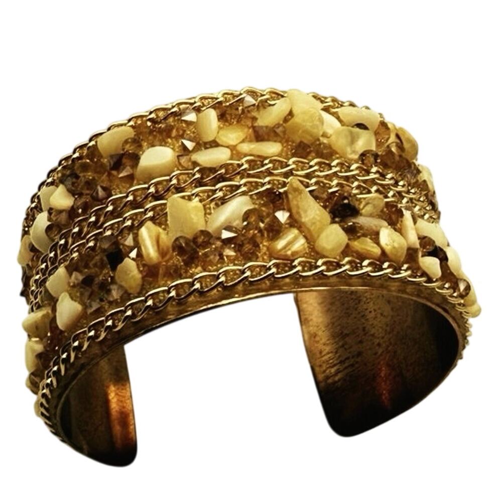Vintage Gold‑Tone Beaded Bangle • Cream Resin & Amber Rhinestones • 2.75” Diam